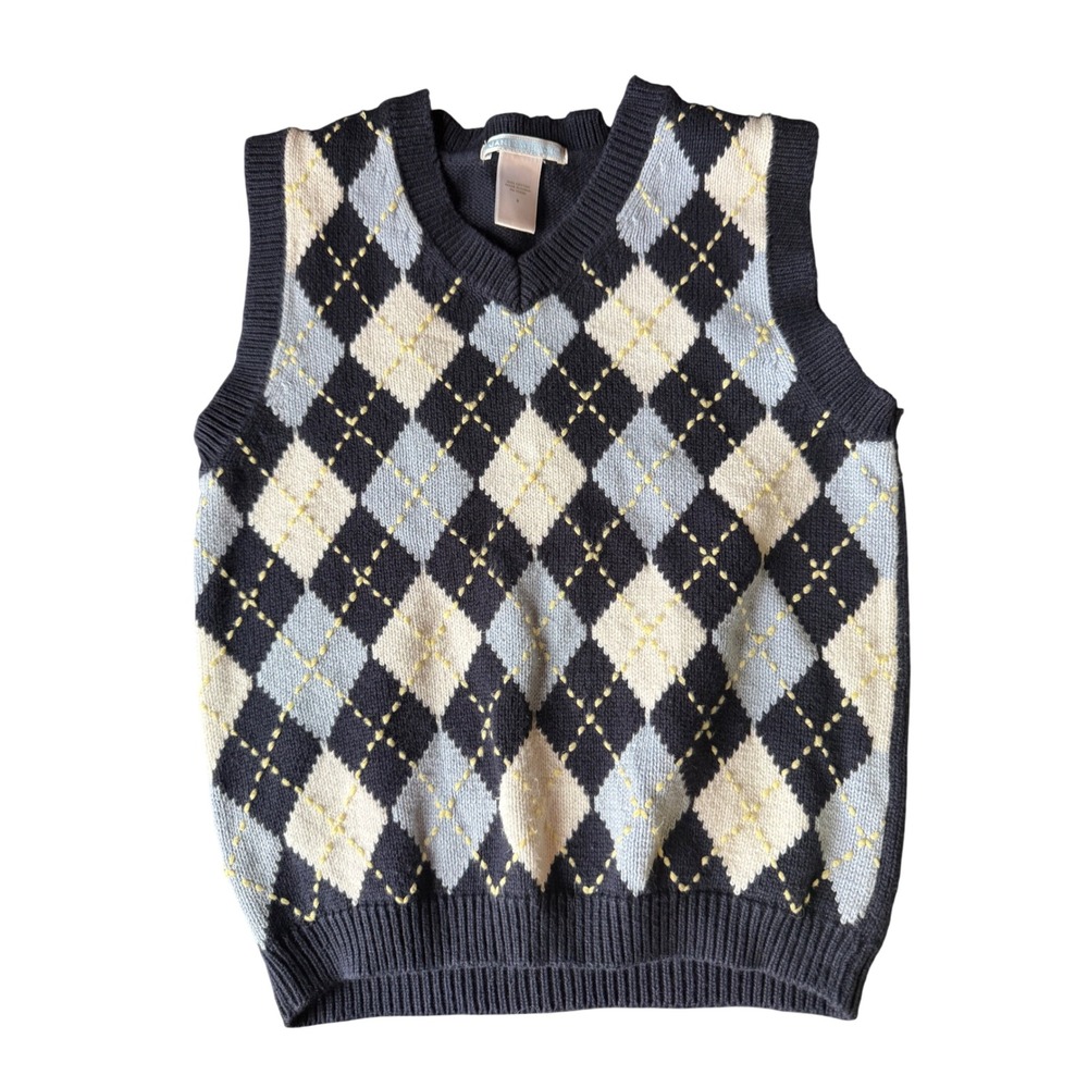 Janie and Jack Boys Argyle Sweater Vest Navy‎ Blue Cotton V-Neck Size 5 Easter